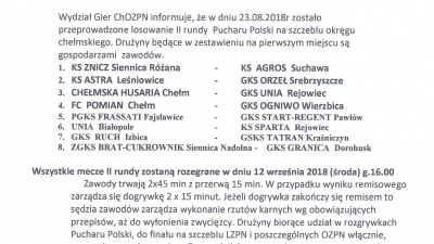 W II Rundzie Pucharu Polski na szczeblu CHOZPN zagramy z FRASSATI Fajsławice.