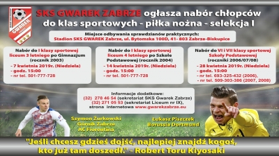 TERMINY SELEKCJI DO KLAS SPORTOWYCH SKS GWAREK ZABRZE NA ROK SZKOLNY 2019/2020