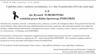 Zmarł inż. Ryszard Ściborowski prezes KS Podgórze