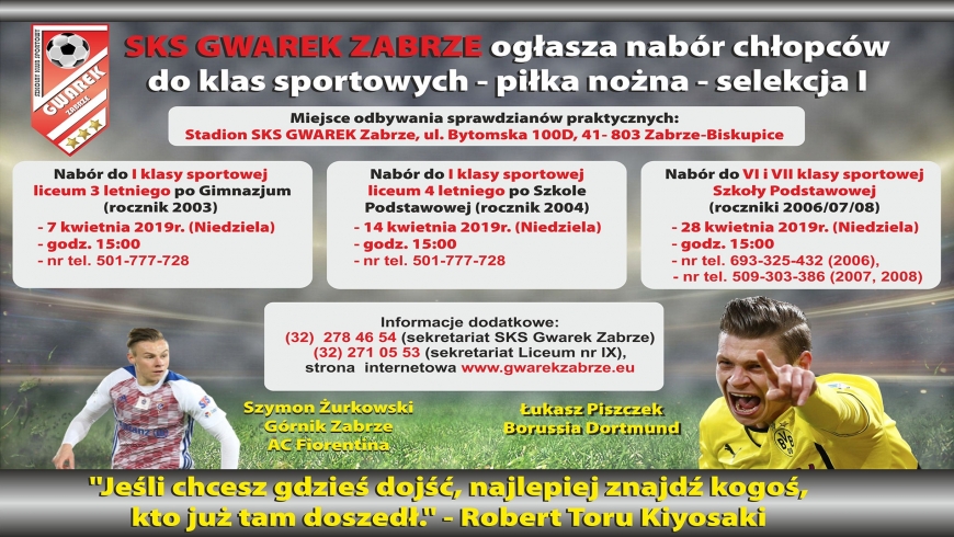 TERMINY SELEKCJI DO KLAS SPORTOWYCH SKS GWAREK ZABRZE NA ROK SZKOLNY 2019/2020