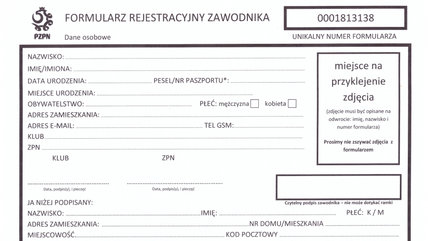 Formularz rejestracyjny zawodnika - PZPN