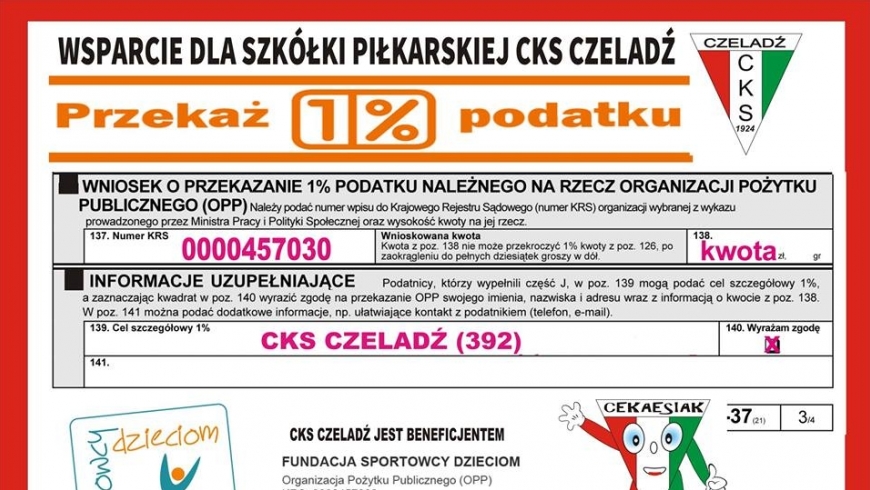 Przekaż swój 1% podatku na CKS Czeladź!
